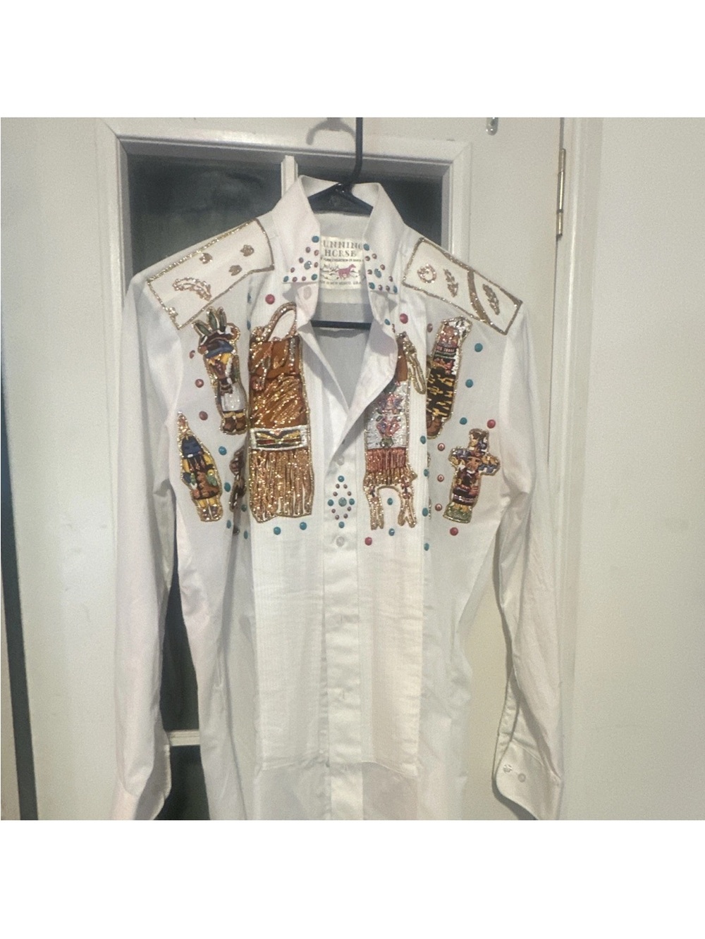 White Embellished Women's Button-Down Shirt with Gold Sequin Appliqué